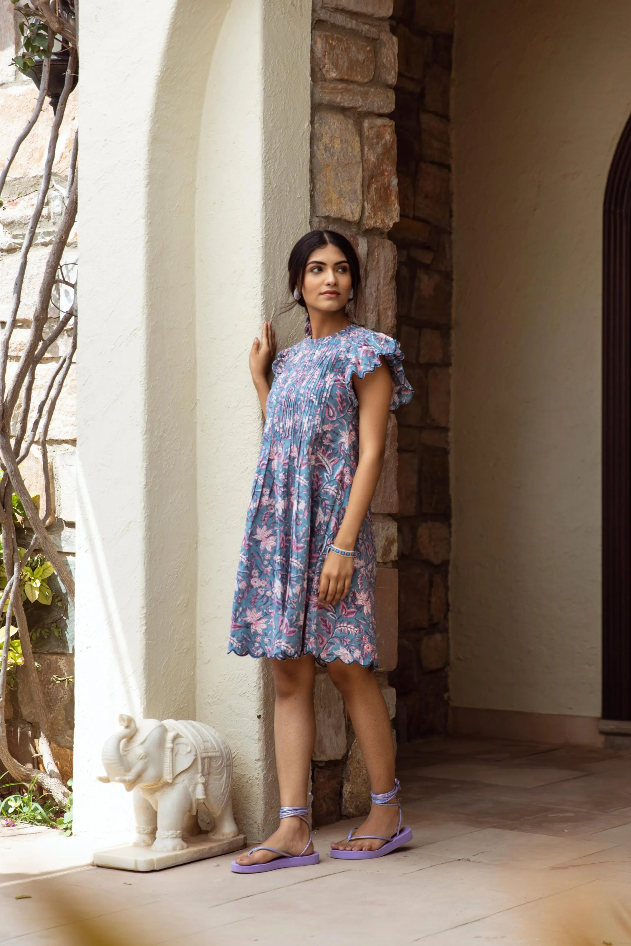 Blue cotton handblock print dress