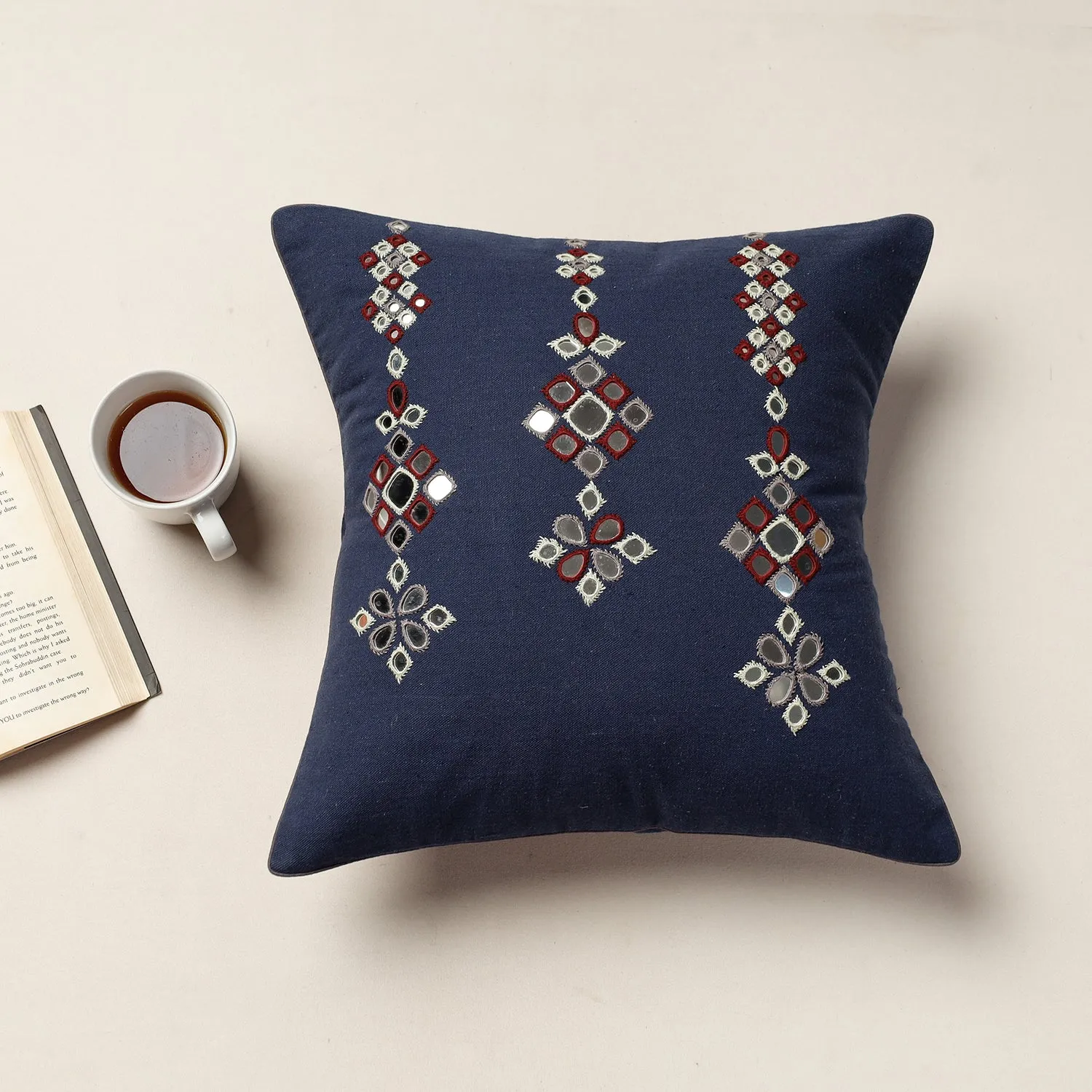 Blue - Kutch Rabari Hand Embroidery Kala Cotton Cushion Cover (15.5 x 15.5 in)