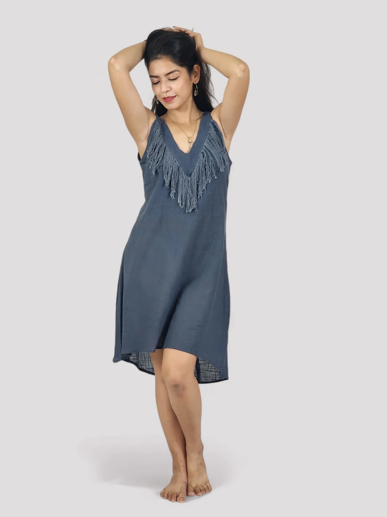 Blue Organic Linen Mini Dress with Fringe