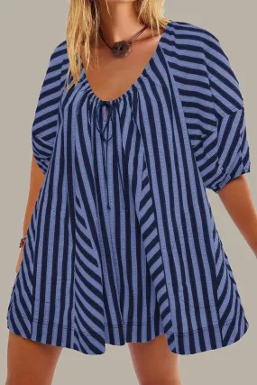 Blue Stripe Loose Deep V Wide Leg Romper