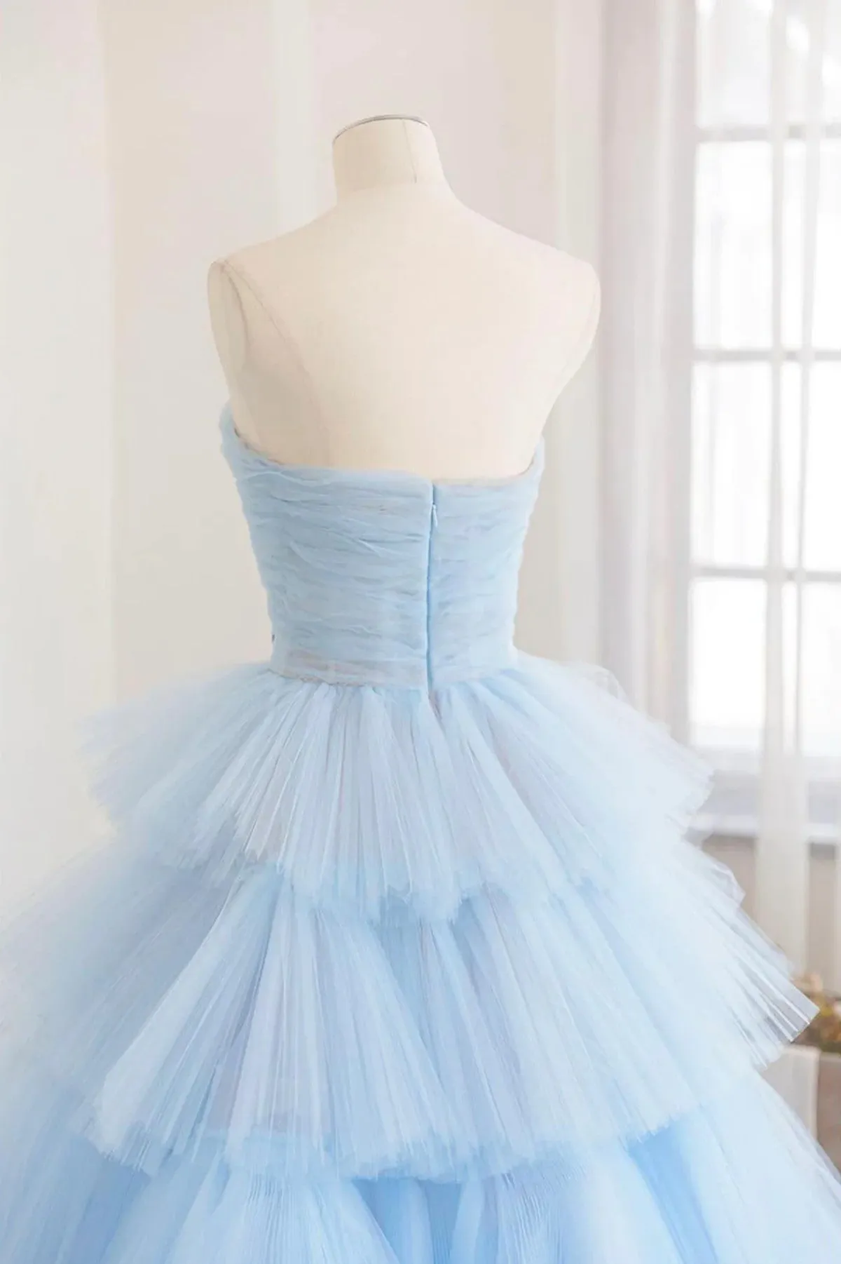 Blue Tulle Scoop Layers Long Party Dress, Blue Tulle Formal Dress