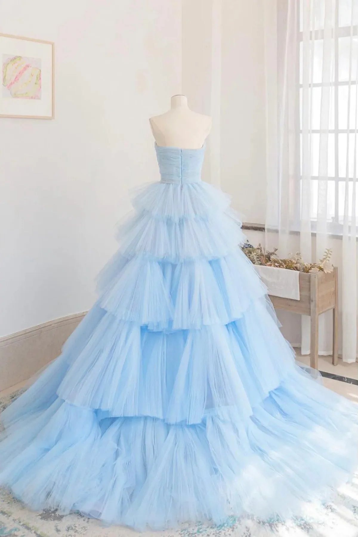 Blue Tulle Scoop Layers Long Party Dress, Blue Tulle Formal Dress