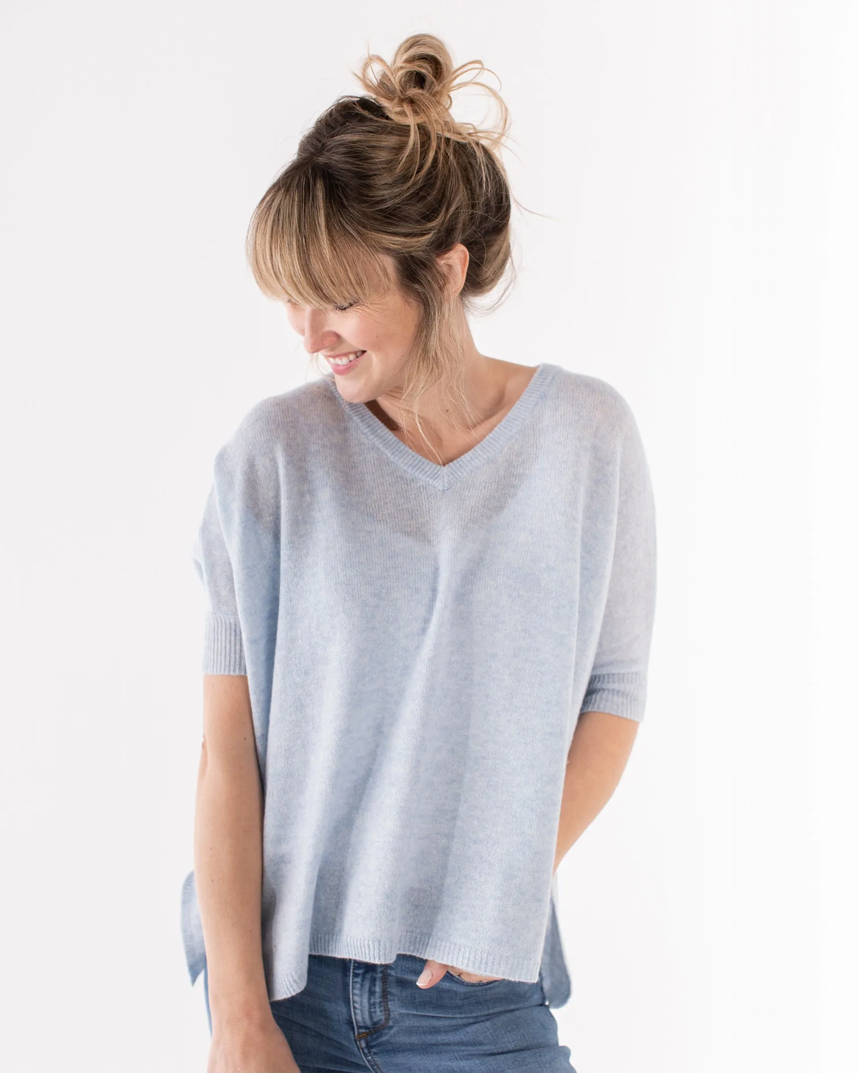 Brodie Bronte Cashmere Short Sleeve Jumper - Pale Blue