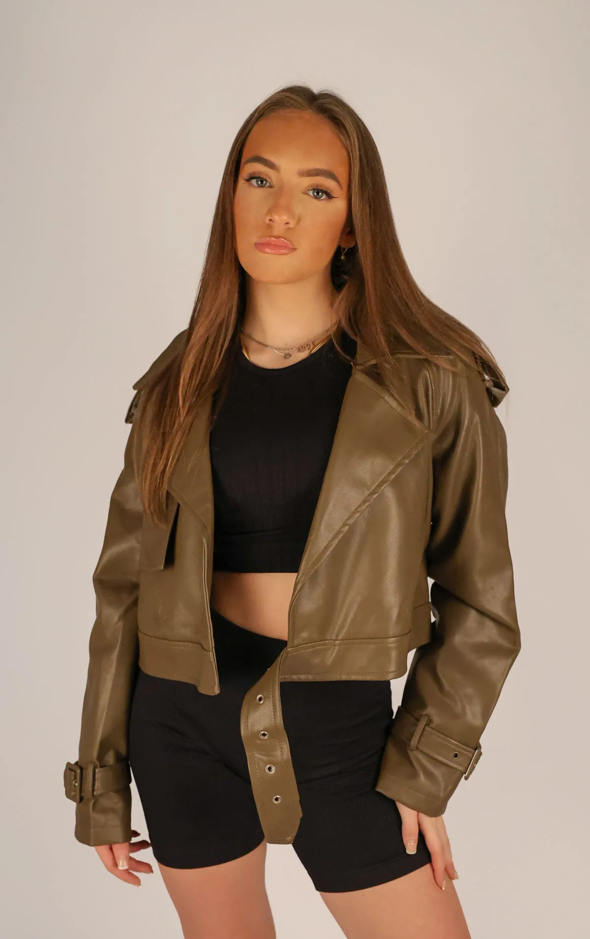 Brown Cropped Buckle Design PU Leather Jacket