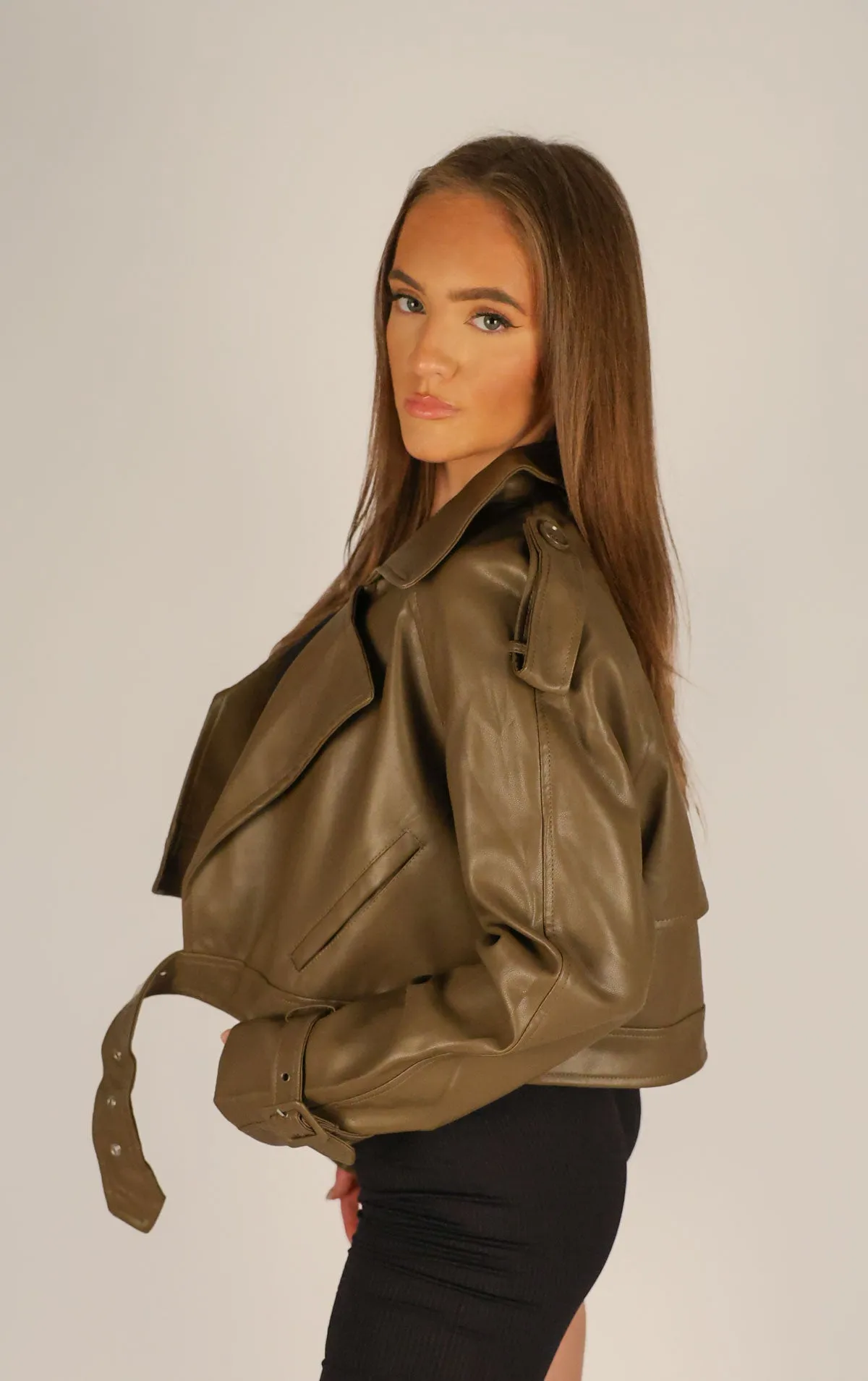 Brown Cropped Buckle Design PU Leather Jacket