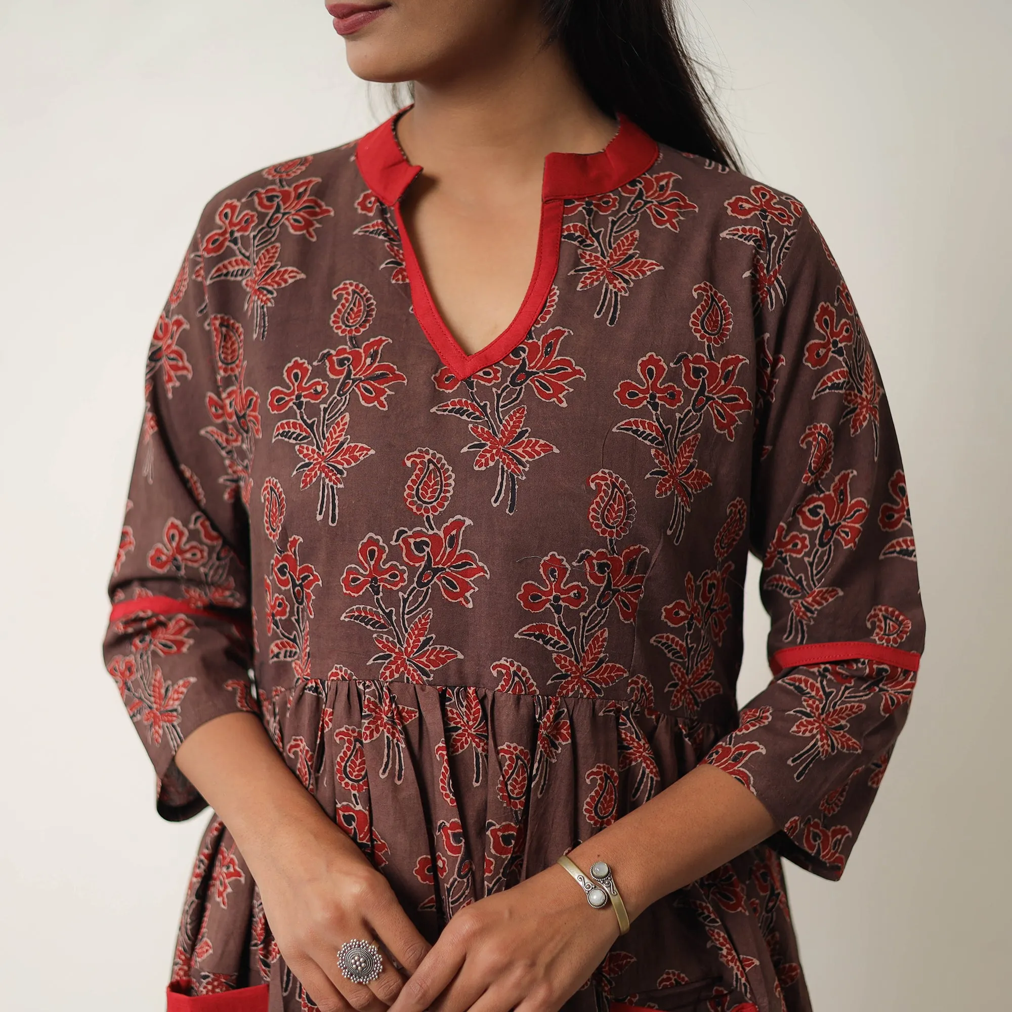 Brown - Hand Block Print Cotton Flared Gher Ajrakh Dress 08