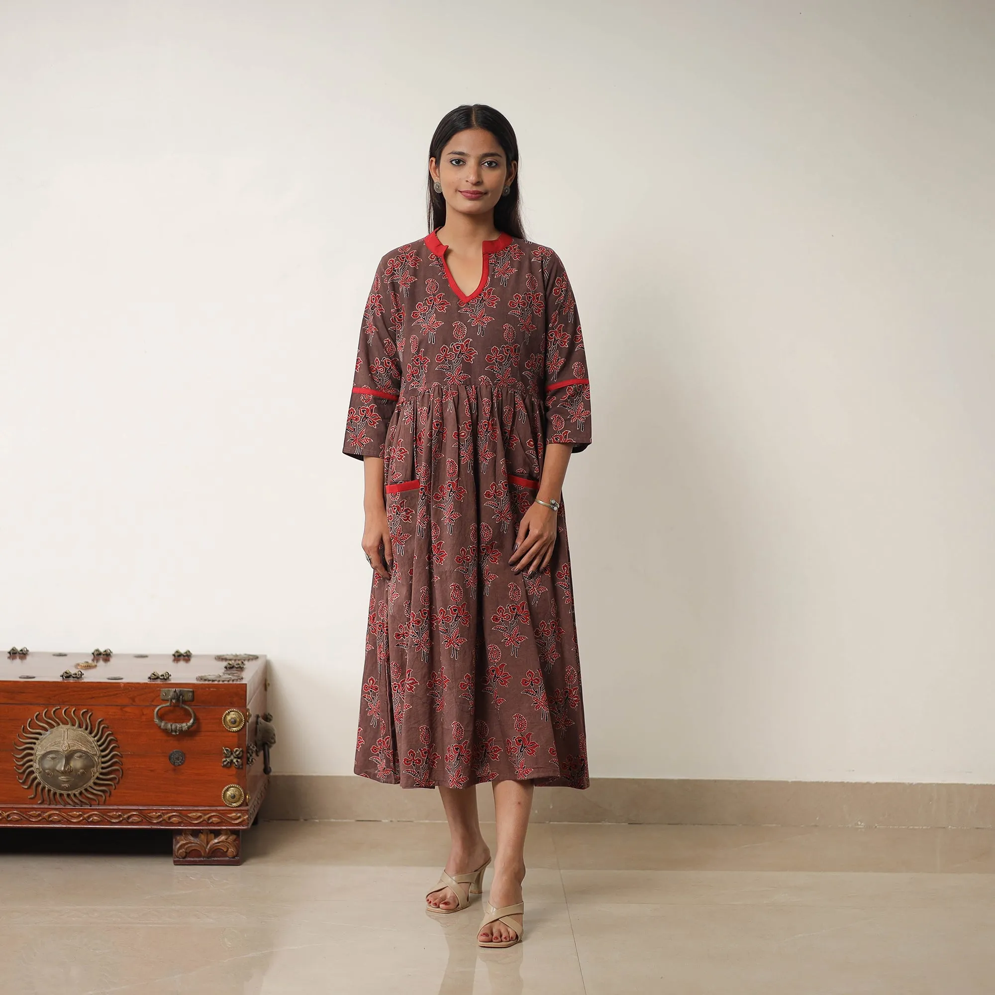 Brown - Hand Block Print Cotton Flared Gher Ajrakh Dress 08