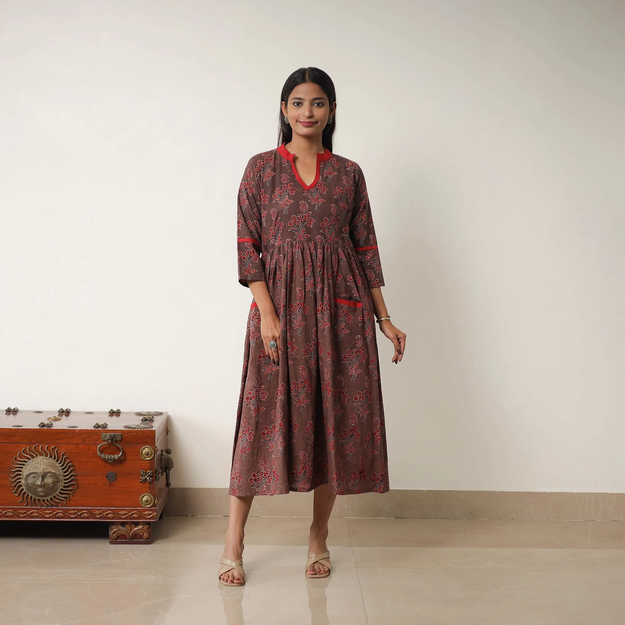 Brown - Hand Block Print Cotton Flared Gher Ajrakh Dress 08