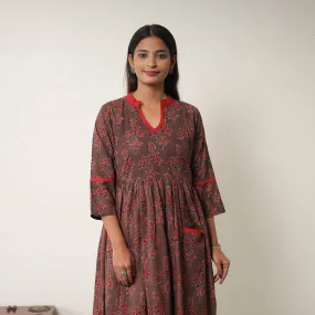 Brown - Hand Block Print Cotton Flared Gher Ajrakh Dress 08