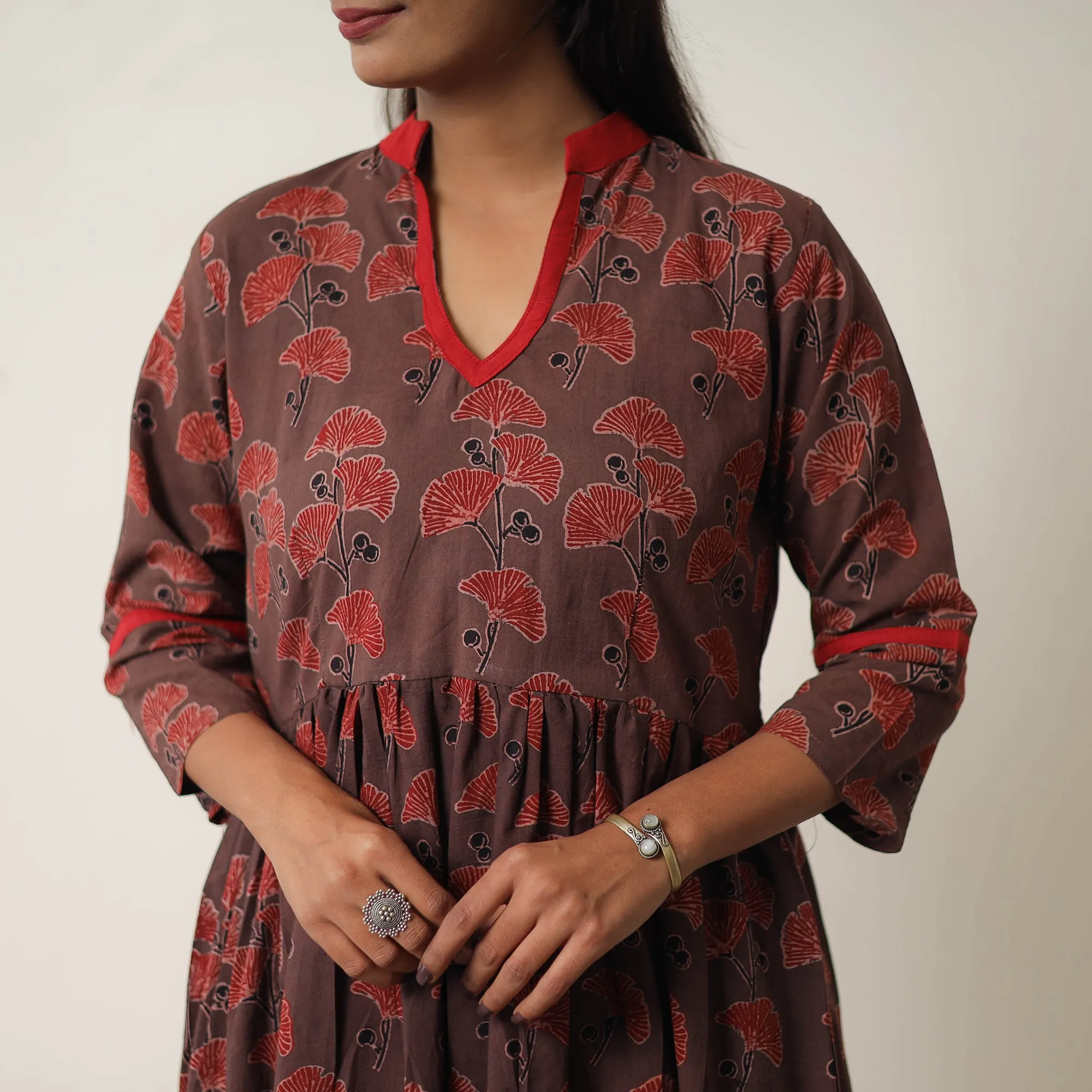 Brown - Hand Block Print Cotton Flared Gher Ajrakh Dress 10