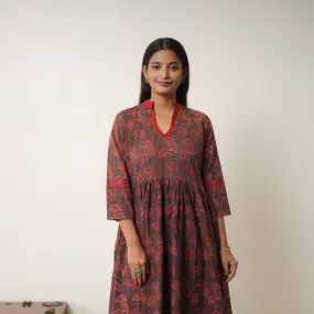 Brown - Hand Block Print Cotton Flared Gher Ajrakh Dress 10