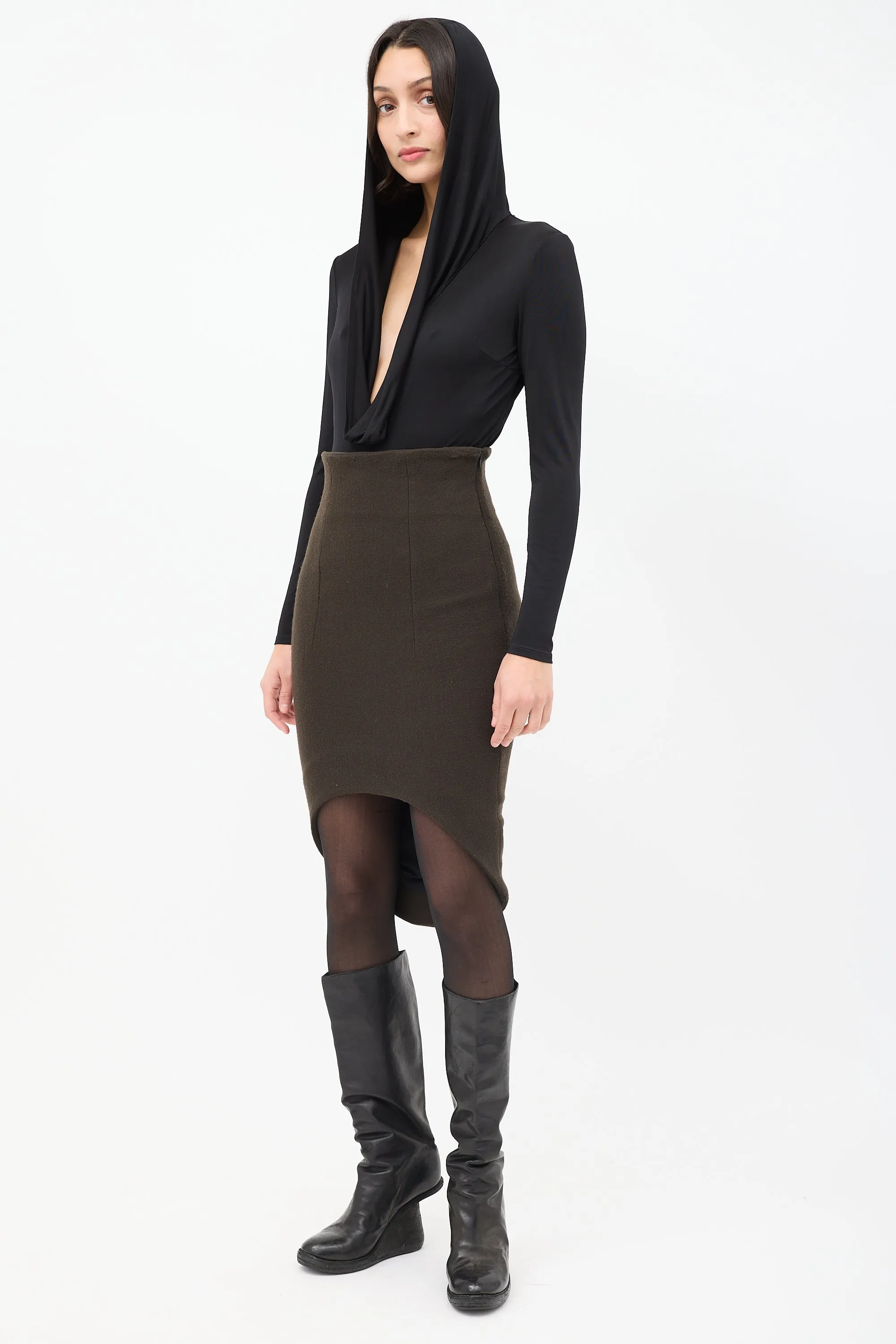 Brown High Low Curved Hem Pencil Skirt