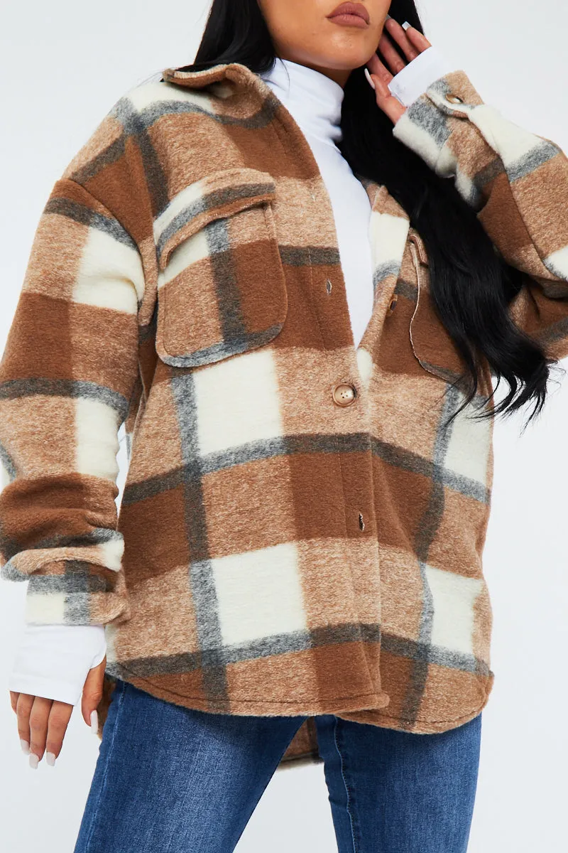 Camel Checked Brushed Pocket Front Shacket - Peggy