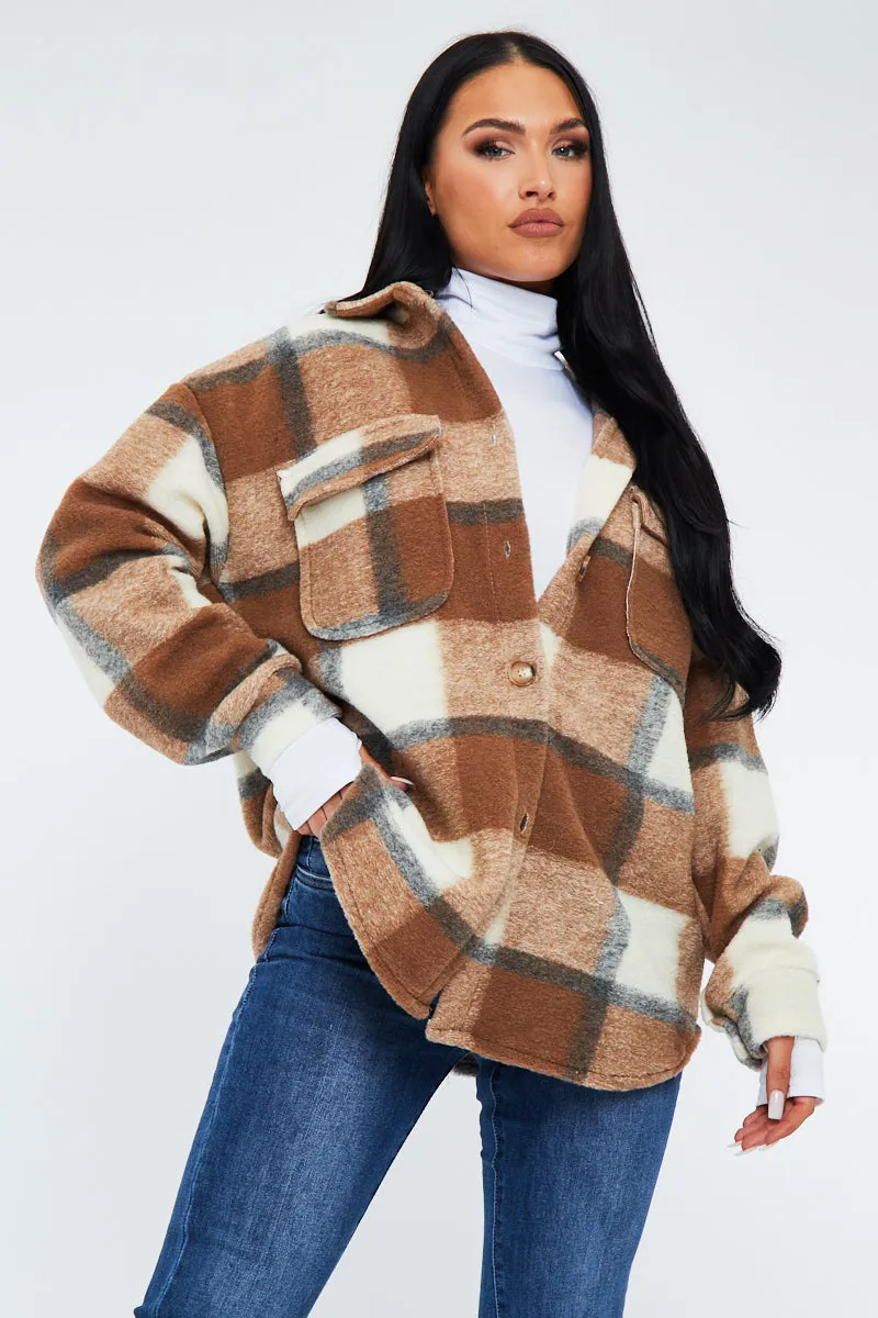 Camel Checked Brushed Pocket Front Shacket - Peggy