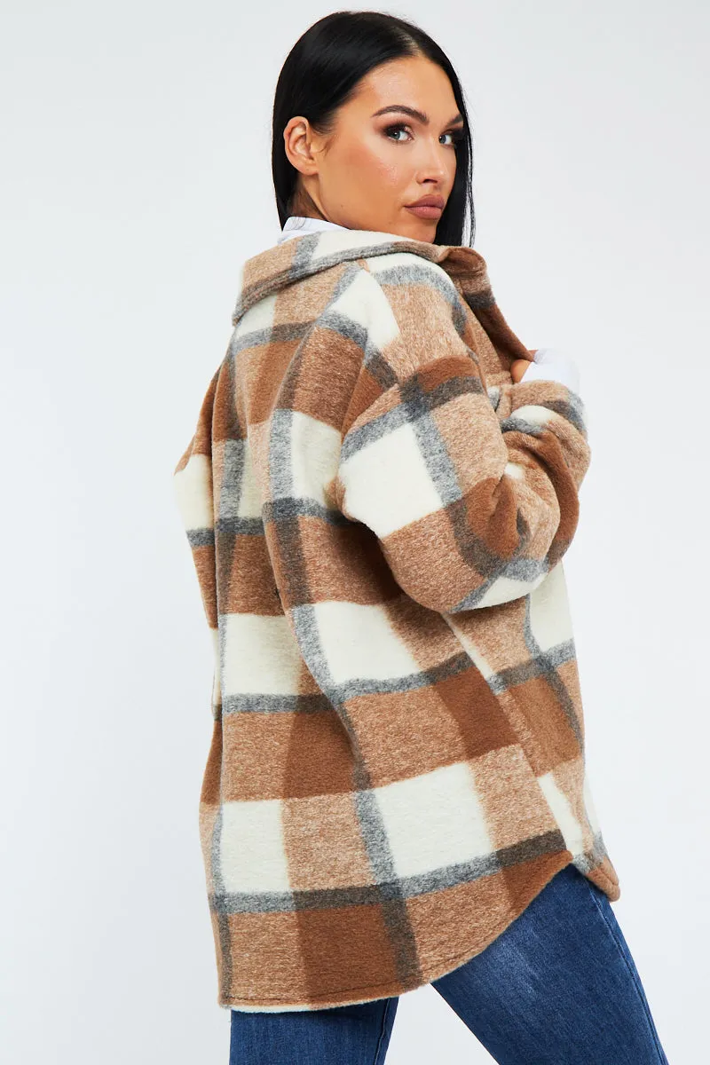 Camel Checked Brushed Pocket Front Shacket - Peggy