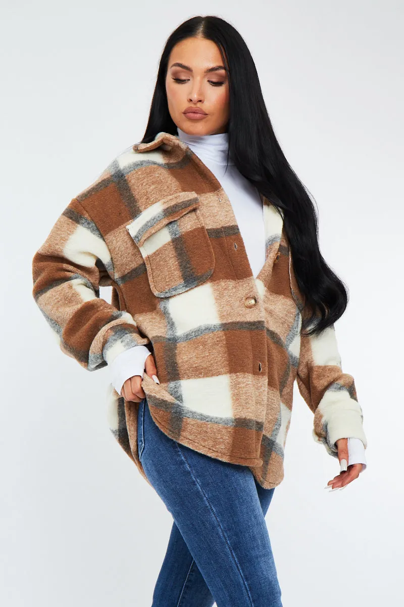 Camel Checked Brushed Pocket Front Shacket - Peggy