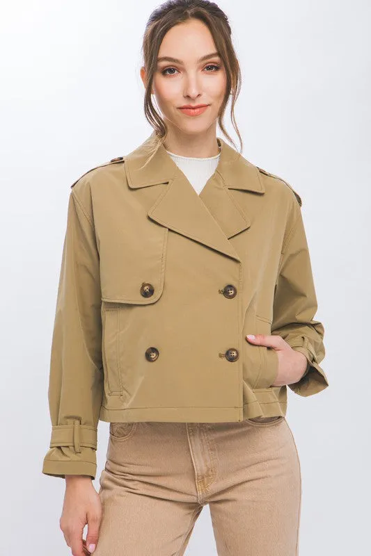 Camel Cropped Trench Jacket with Belt Sleeve Detail