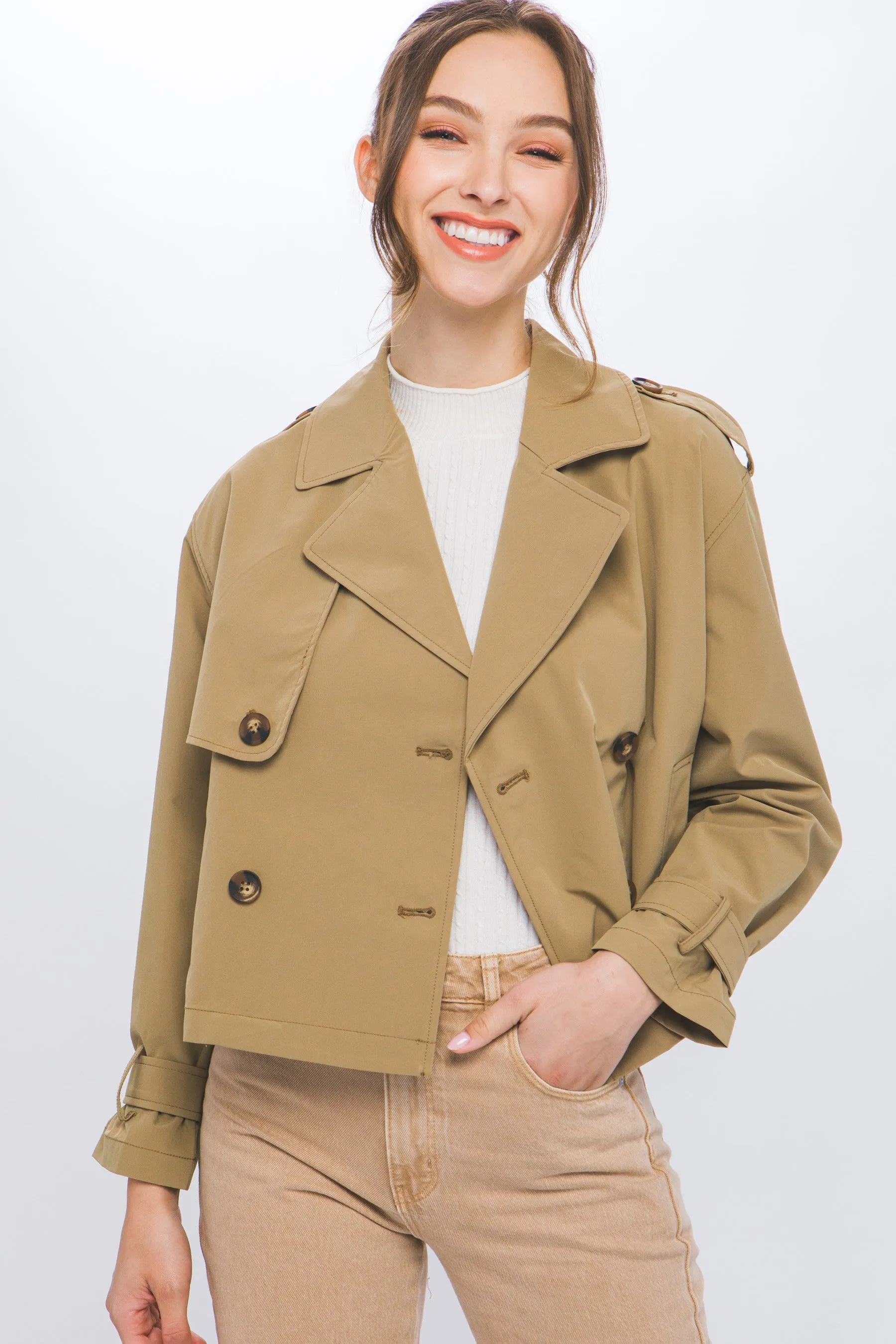 Camel Cropped Trench Jacket with Belt Sleeve Detail