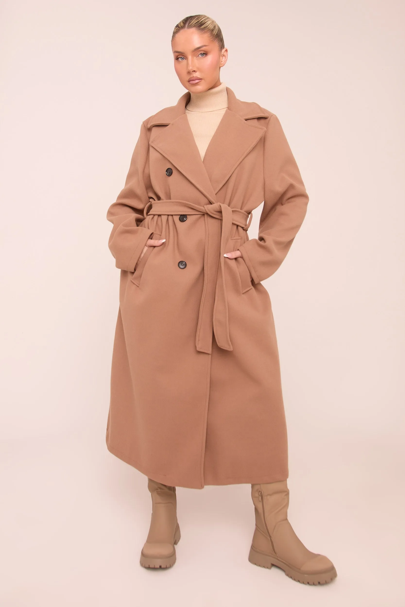 Camel Double Breasted Wool Look Coat - Eloise