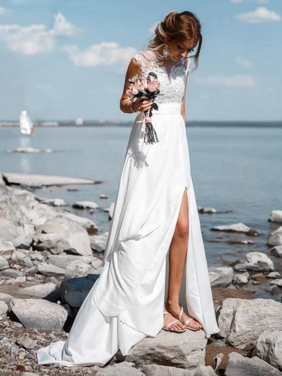 Cap Sleeves Lace Top White Long Wedding Prom with Slit, Cap Sleeves White Lace Formal, White Lace Evening