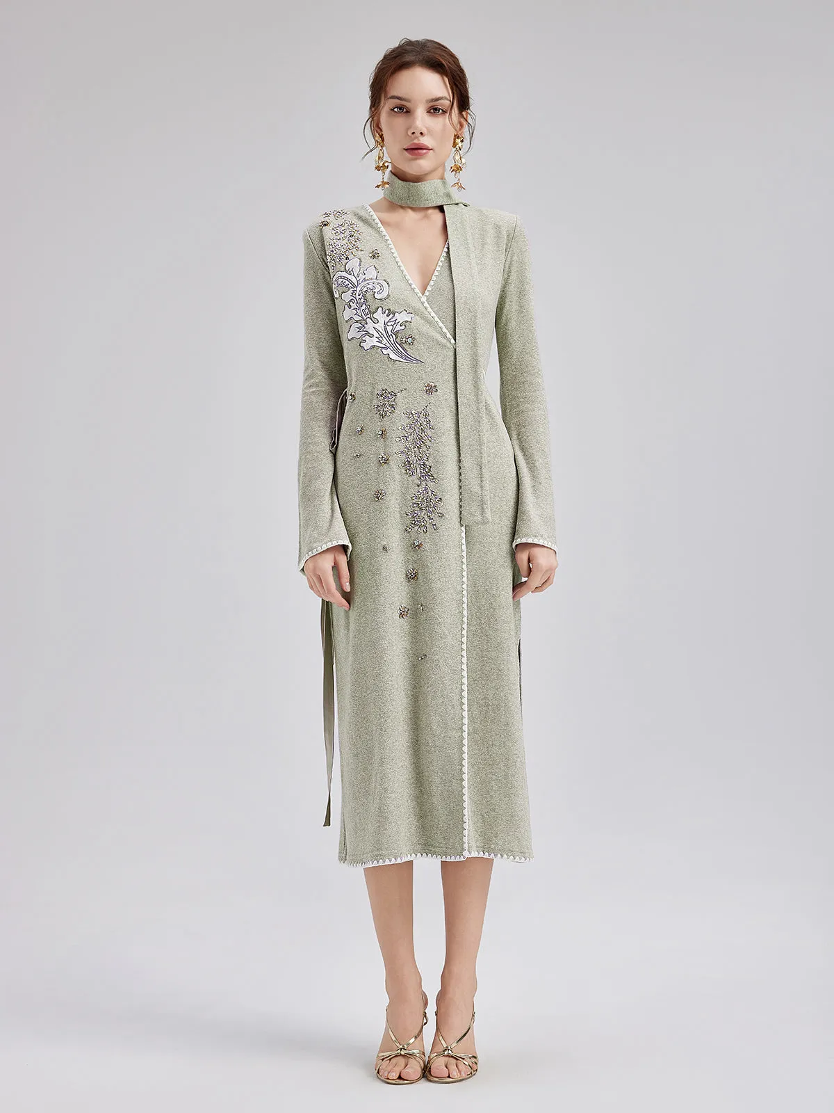 Cashmere Embroidered Sequin Wrap Dress