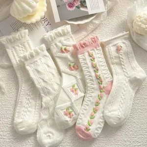 Charming Lace Textured Crew Socks for Women and Girls