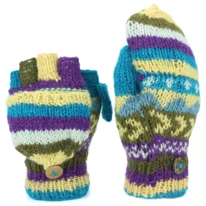 Chunky Wool Knit Fingerless Shooter Gloves - Chevron - Blue