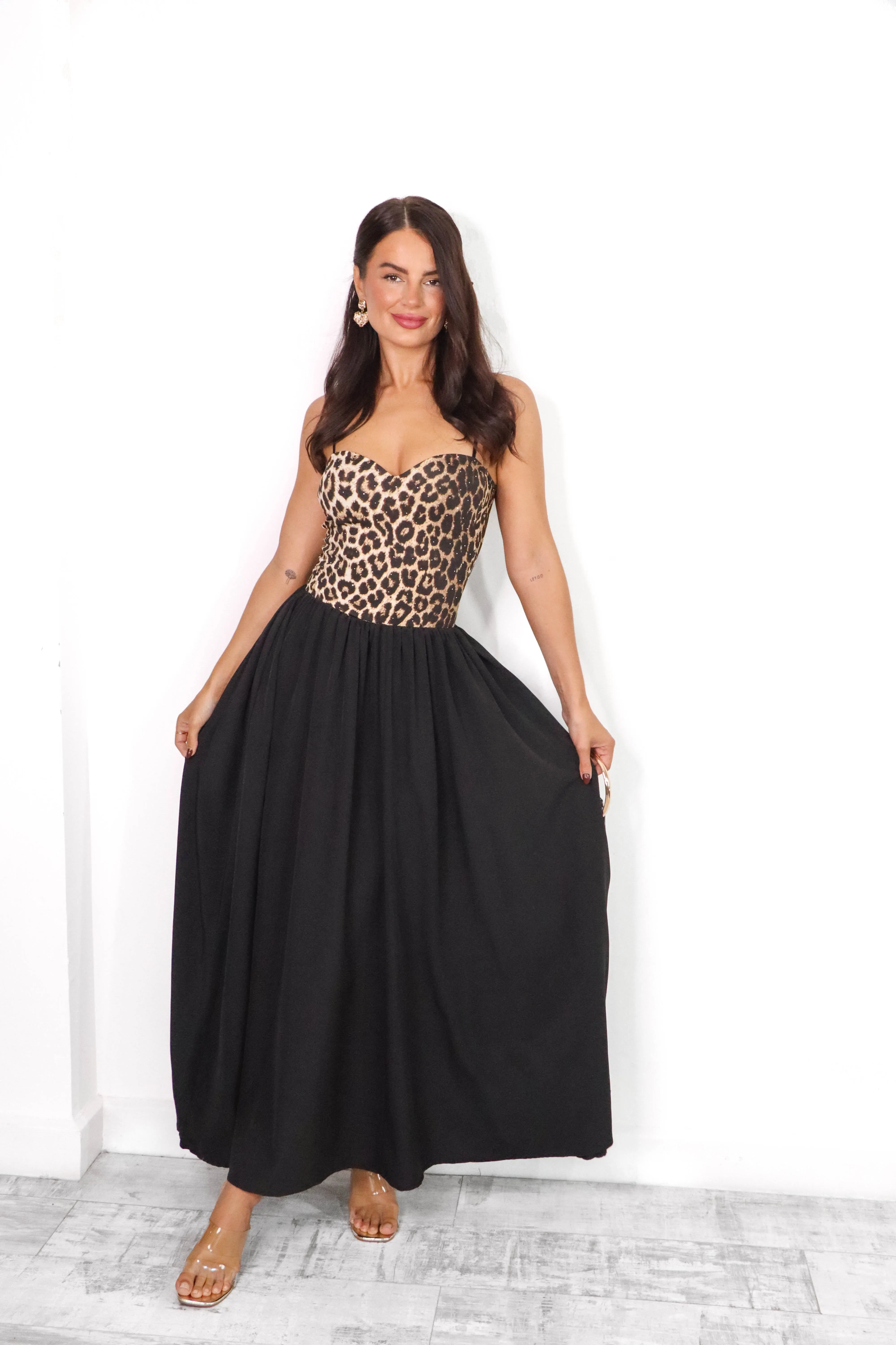 Cold As Bodice - Beige Leopard Diamante Bodice Maxi Dress