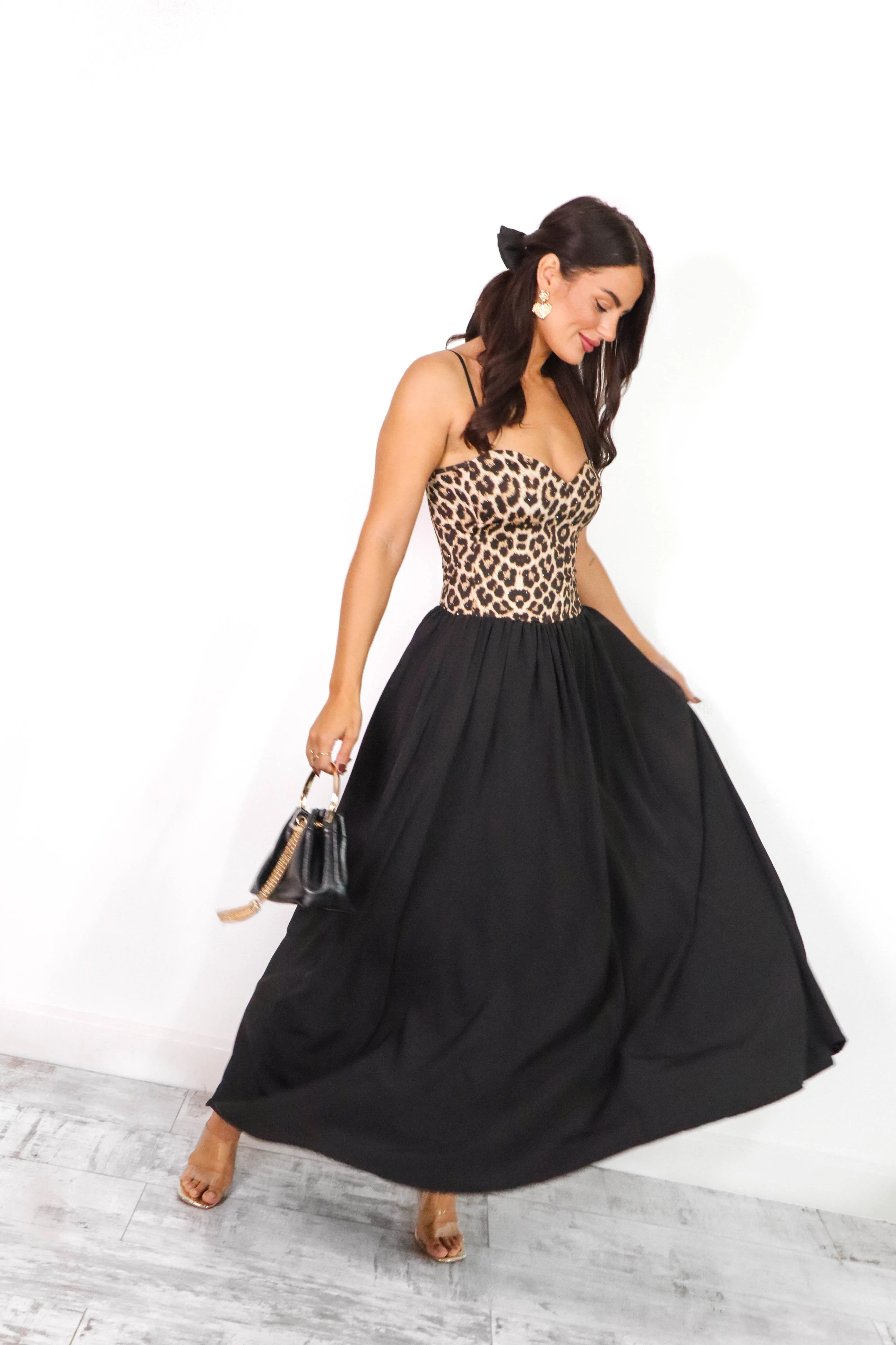 Cold As Bodice - Beige Leopard Diamante Bodice Maxi Dress