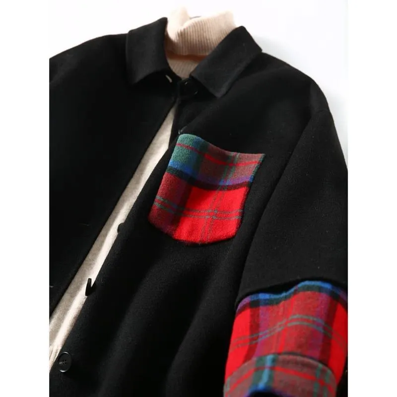 Color Blocking Patchwork Reversible Wool Blend Coat