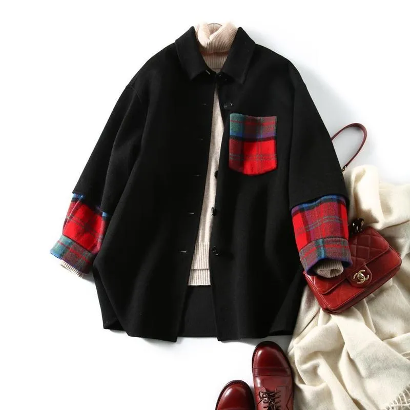 Color Blocking Patchwork Reversible Wool Blend Coat