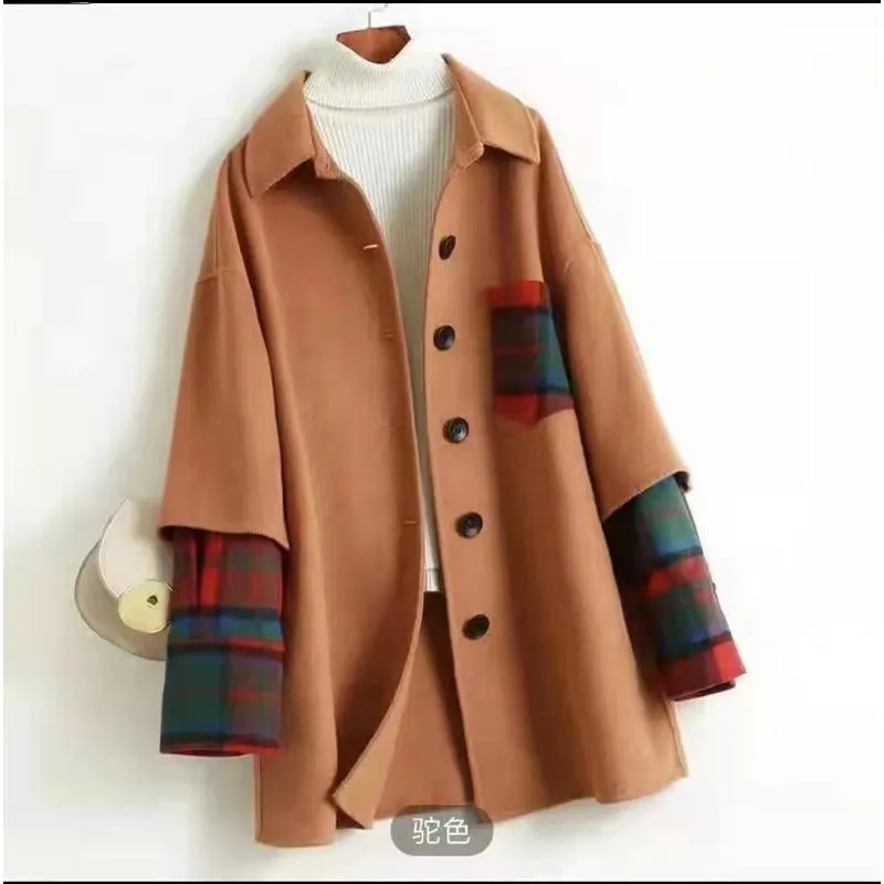 Color Blocking Patchwork Reversible Wool Blend Coat