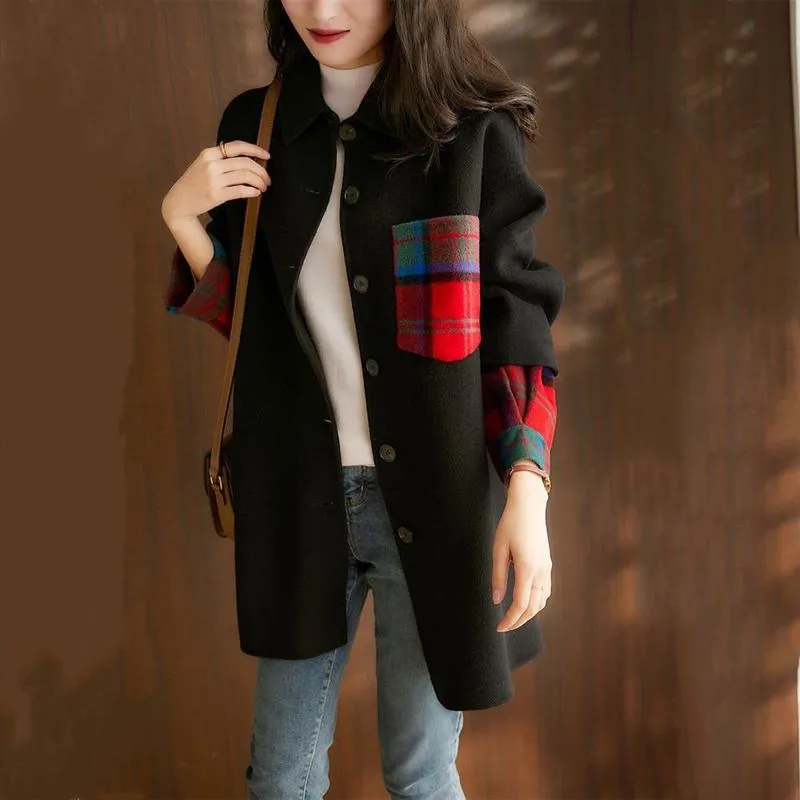 Color Blocking Patchwork Reversible Wool Blend Coat