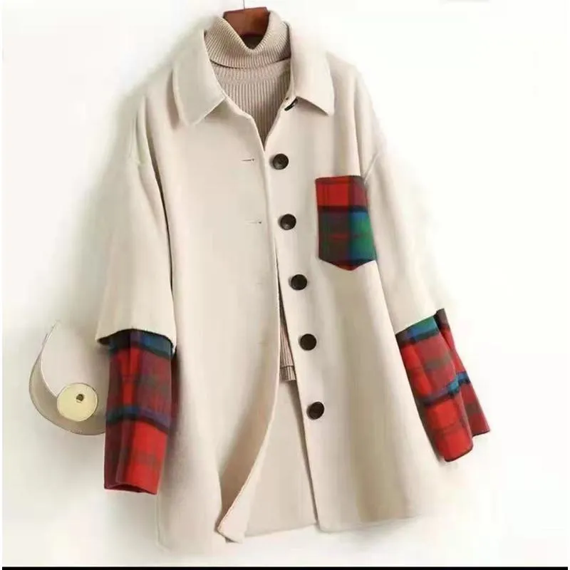 Color Blocking Patchwork Reversible Wool Blend Coat