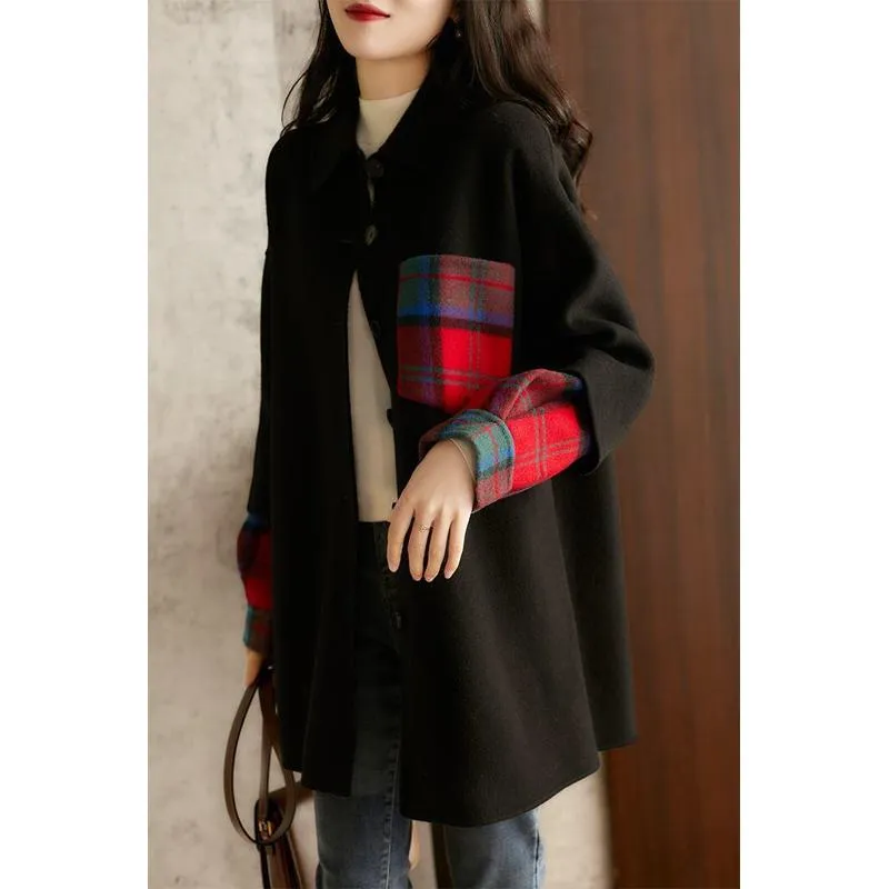 Color Blocking Patchwork Reversible Wool Blend Coat