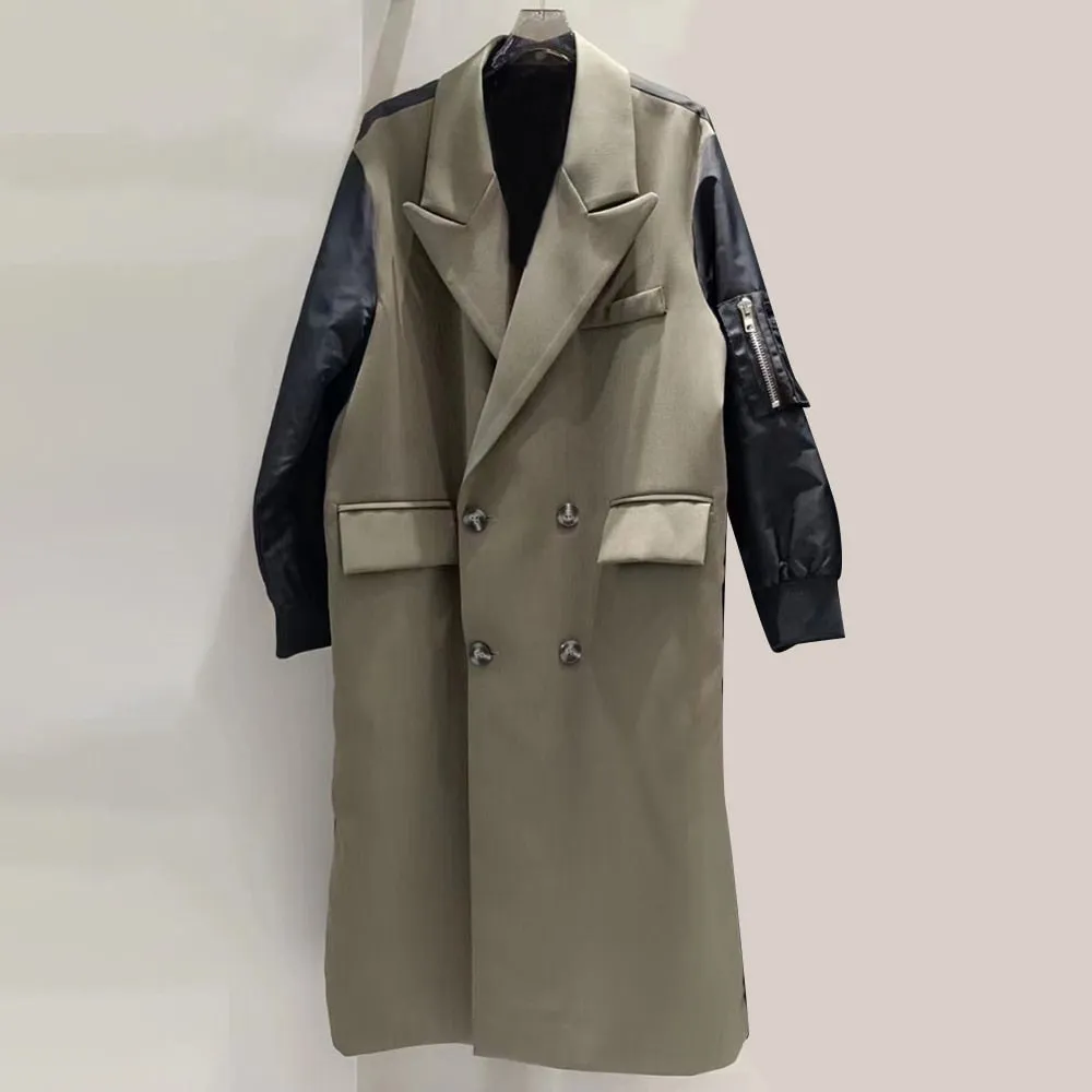 Colorblock Trench For Women Notched Collar Long Sleeve High Waist Patchwork Double Breasted Casual Trenches Female