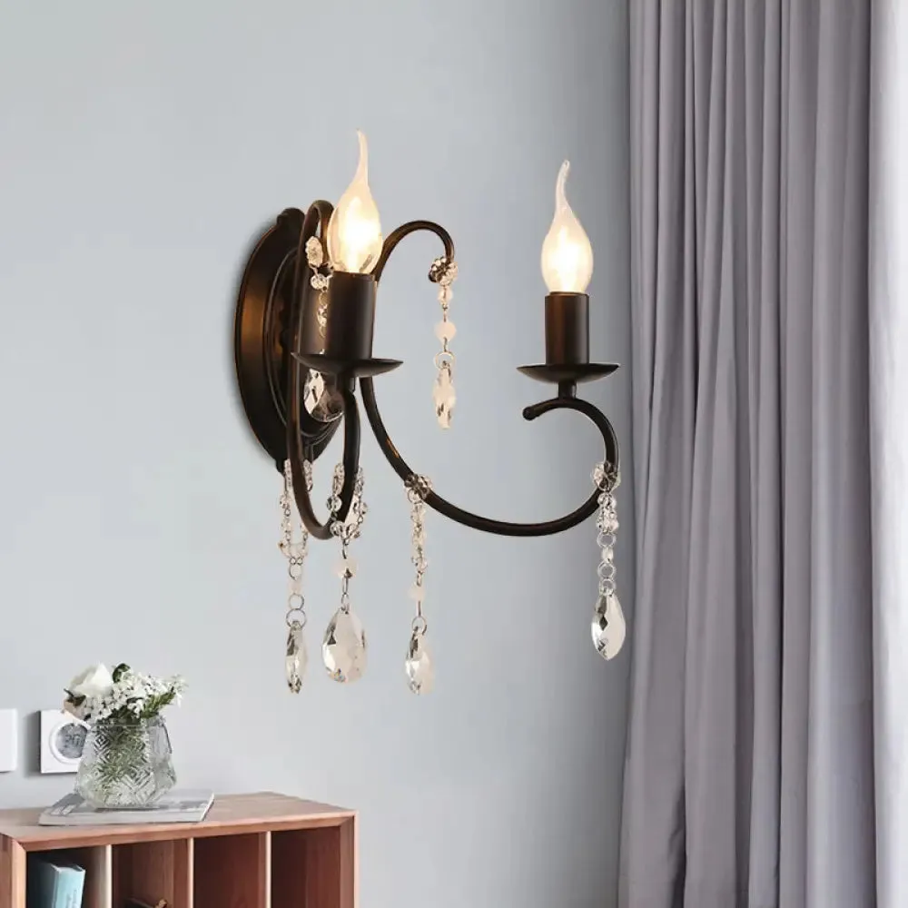 Country Black Metal Wall Lamp with Crystal Accents - 2 Head Candle-Style Fixture for Corridors