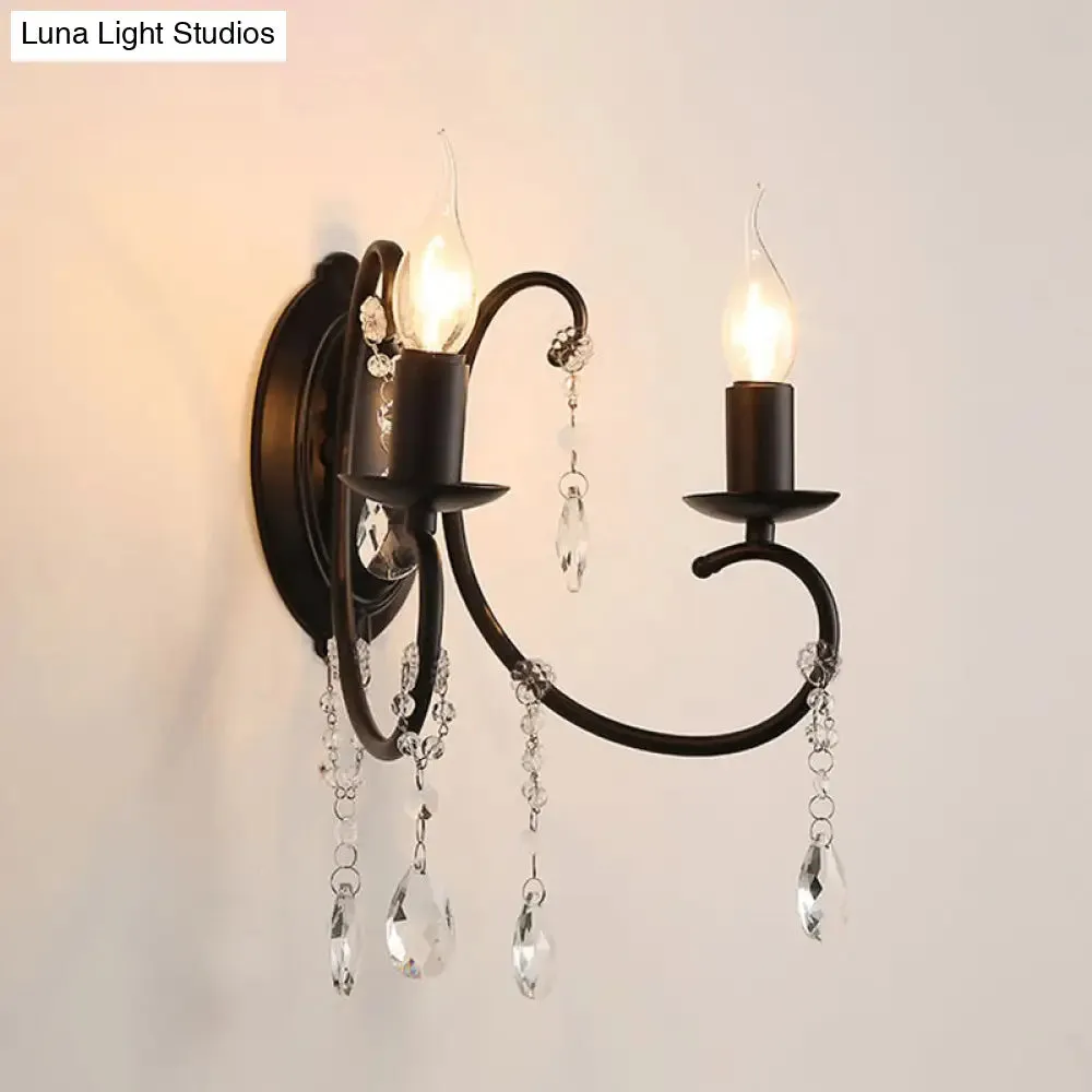 Country Black Metal Wall Lamp with Crystal Accents - 2 Head Candle-Style Fixture for Corridors