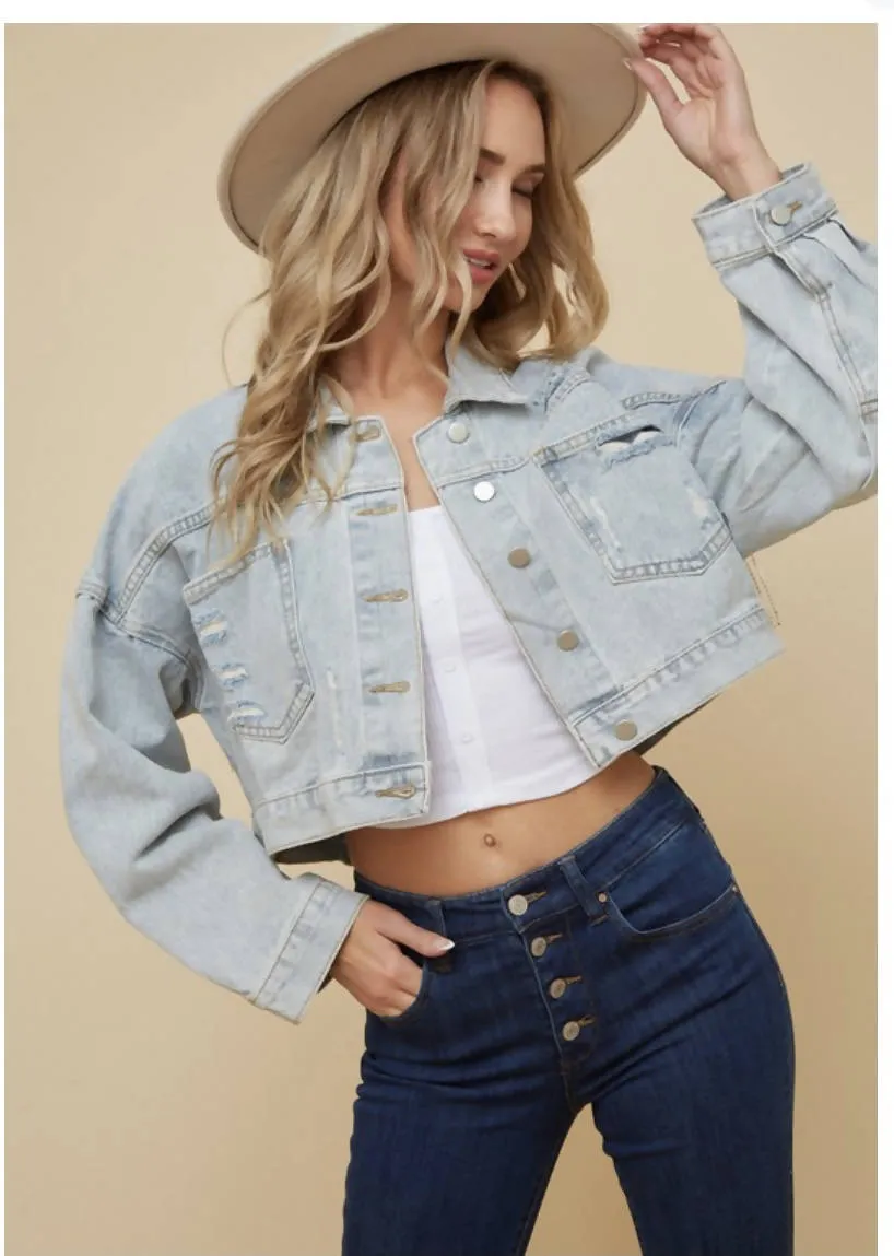 Crop Denim Rhinestone Fringe Jacket