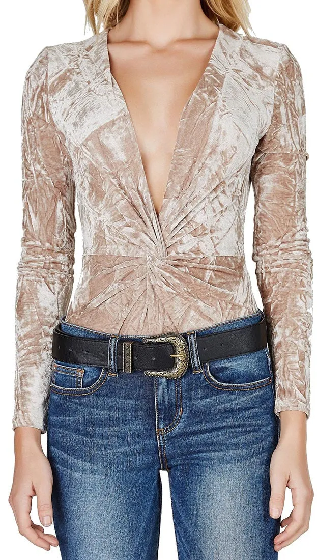 Crushed Velvet Deep V Long Sleeve Bodysuit Champagne