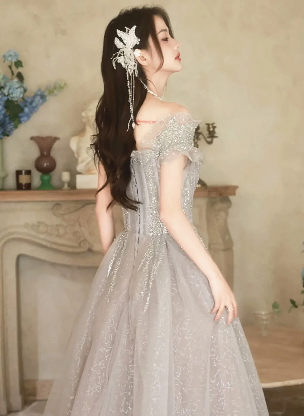 Cute A-line Light Grey Off Shoulder Shiny Tulle Prom Dress, Light Grey Party Dress