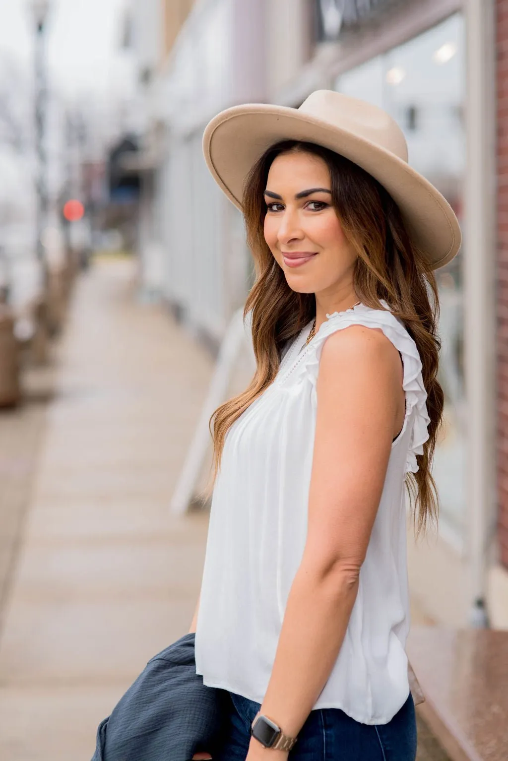 Cutout Bibbed Ruffle Trim Tank