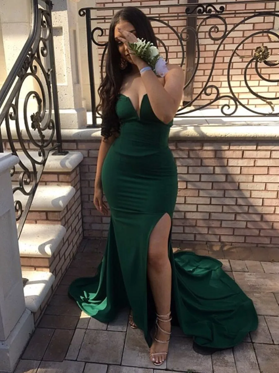 Dark Green Strapless Mermaid Split Long Prom with Sweep Train, Mermaid Dark Green Formal, Evening