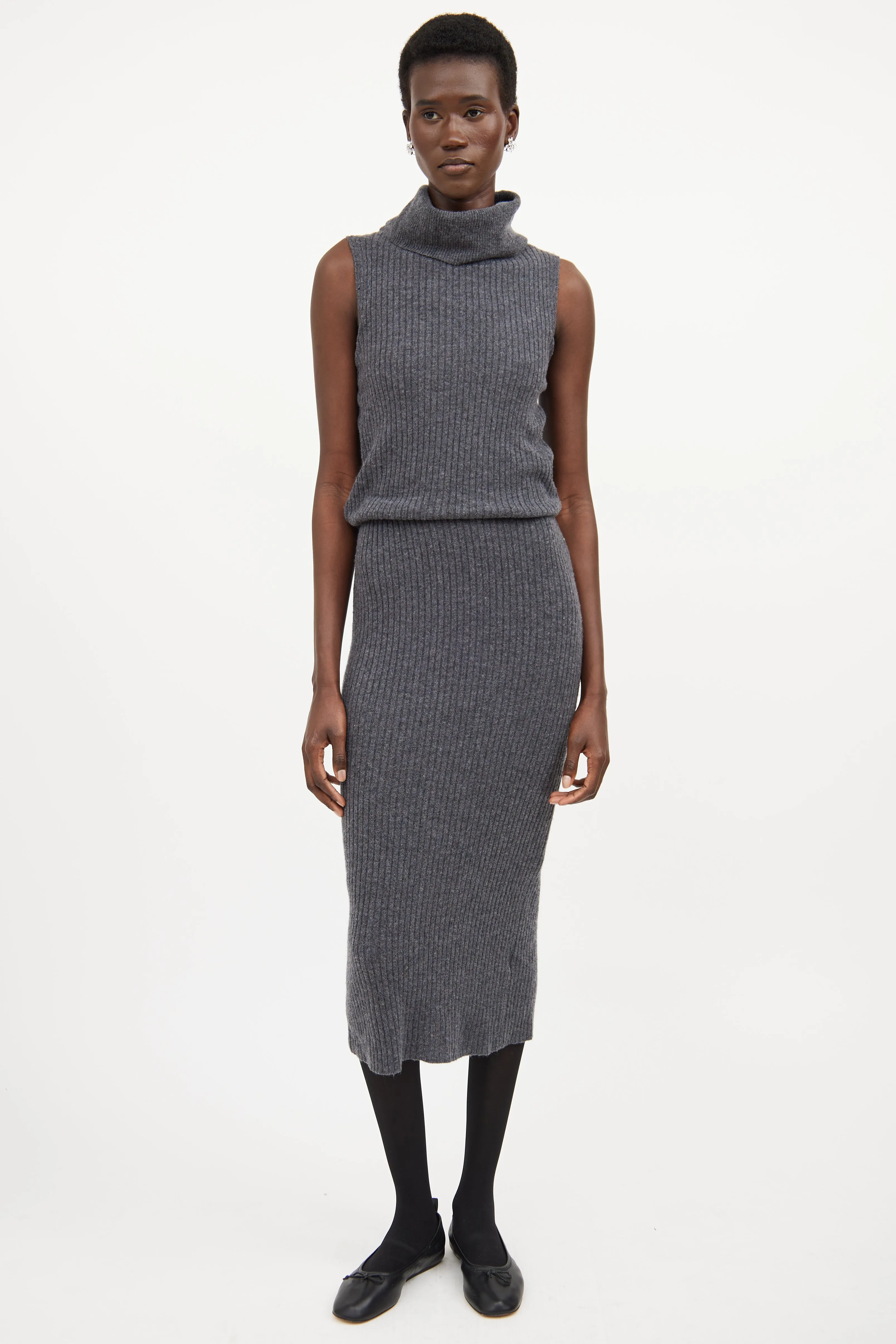 Dark Grey Wool Knit Ribbed Sweater Dress