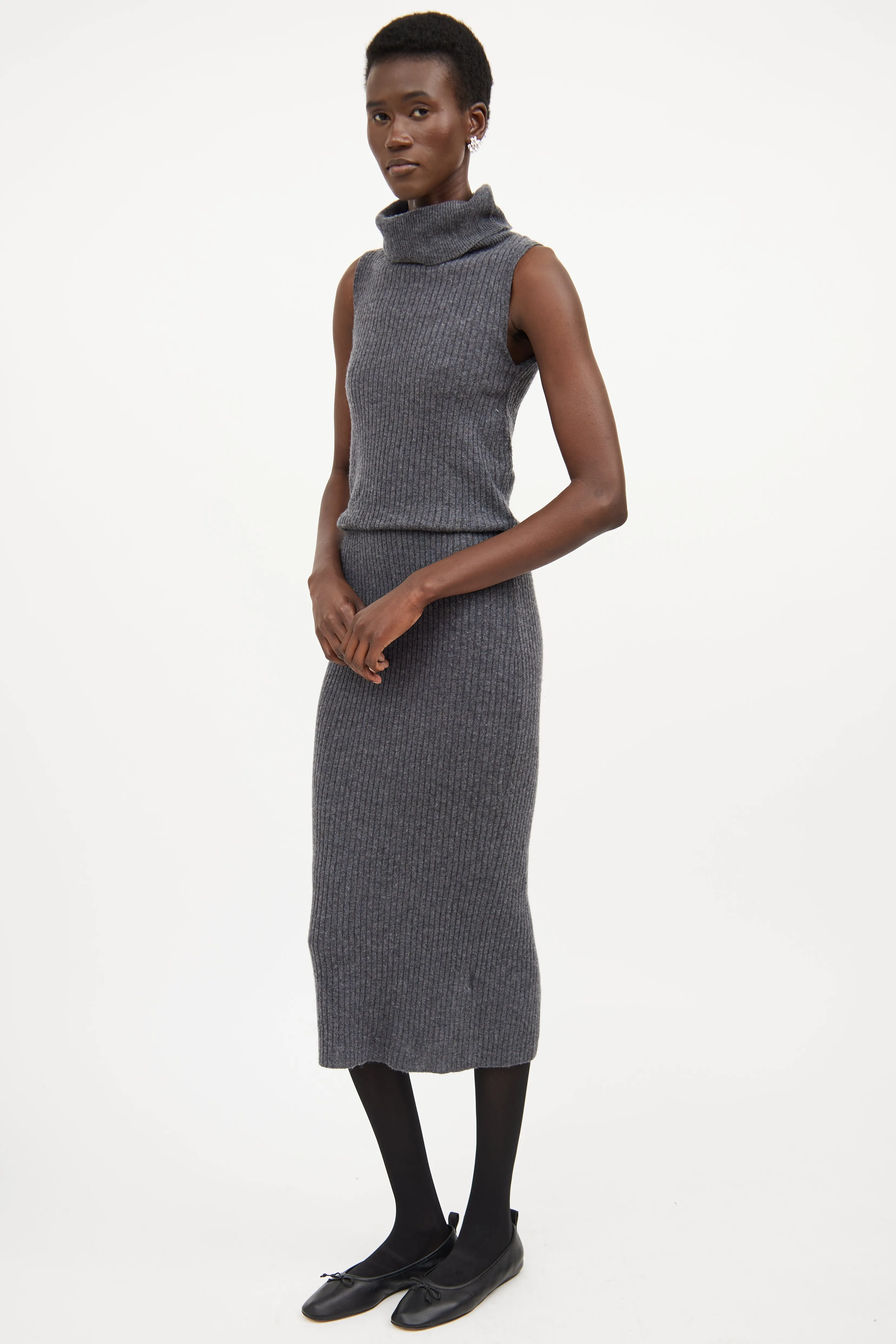 Dark Grey Wool Knit Ribbed Sweater Dress