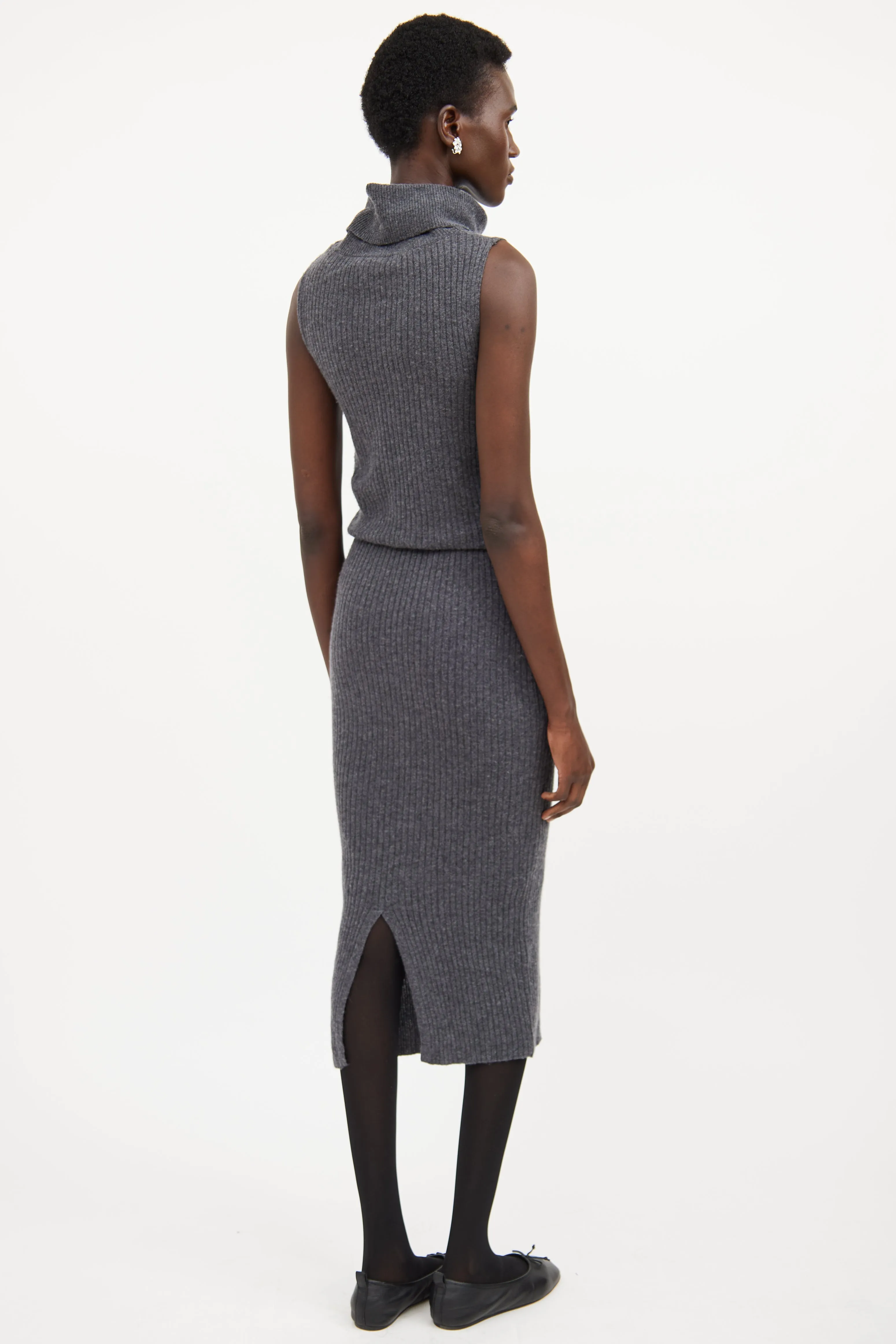 Dark Grey Wool Knit Ribbed Sweater Dress