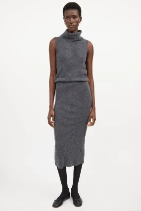 Dark Grey Wool Knit Ribbed Sweater Dress