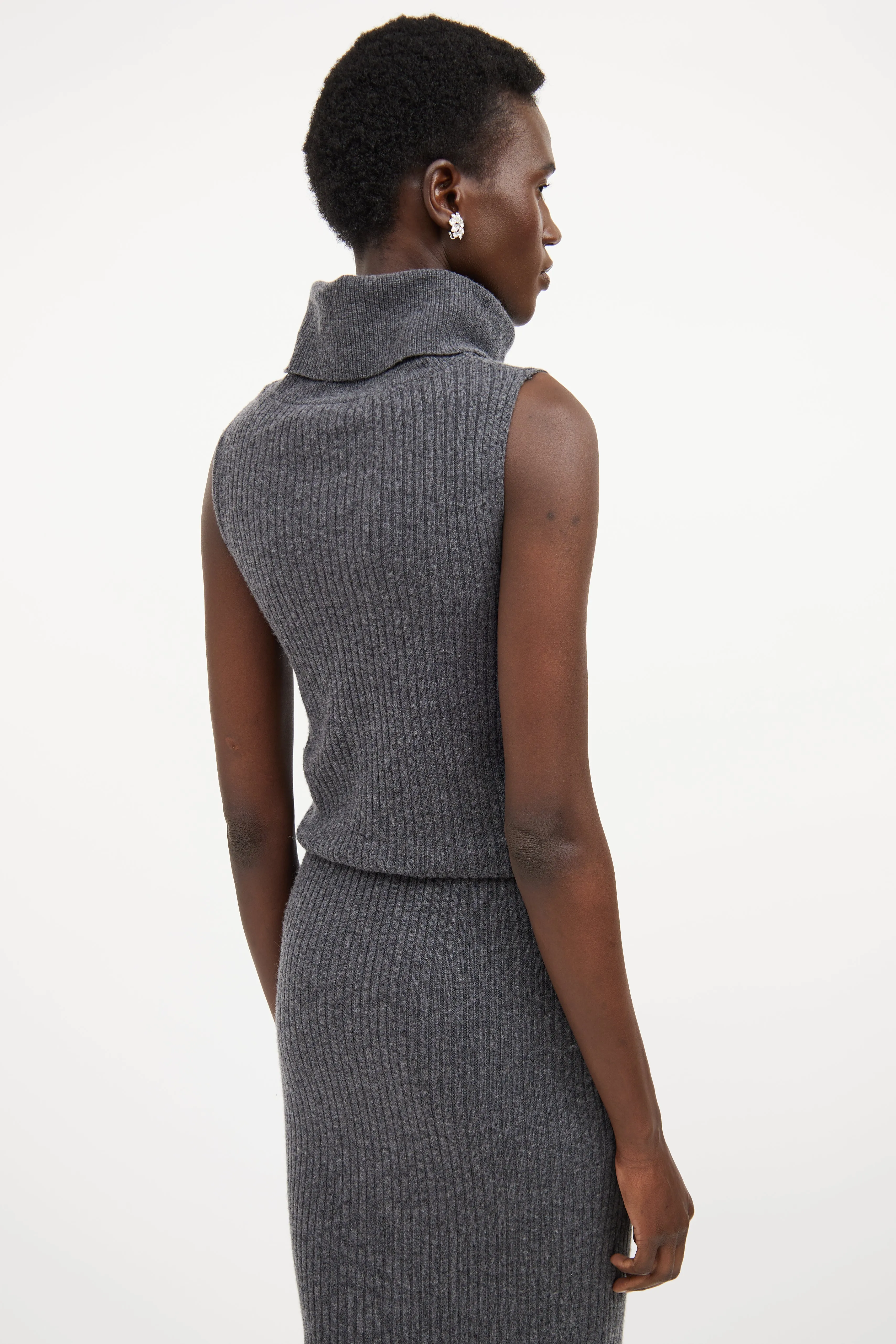 Dark Grey Wool Knit Ribbed Sweater Dress