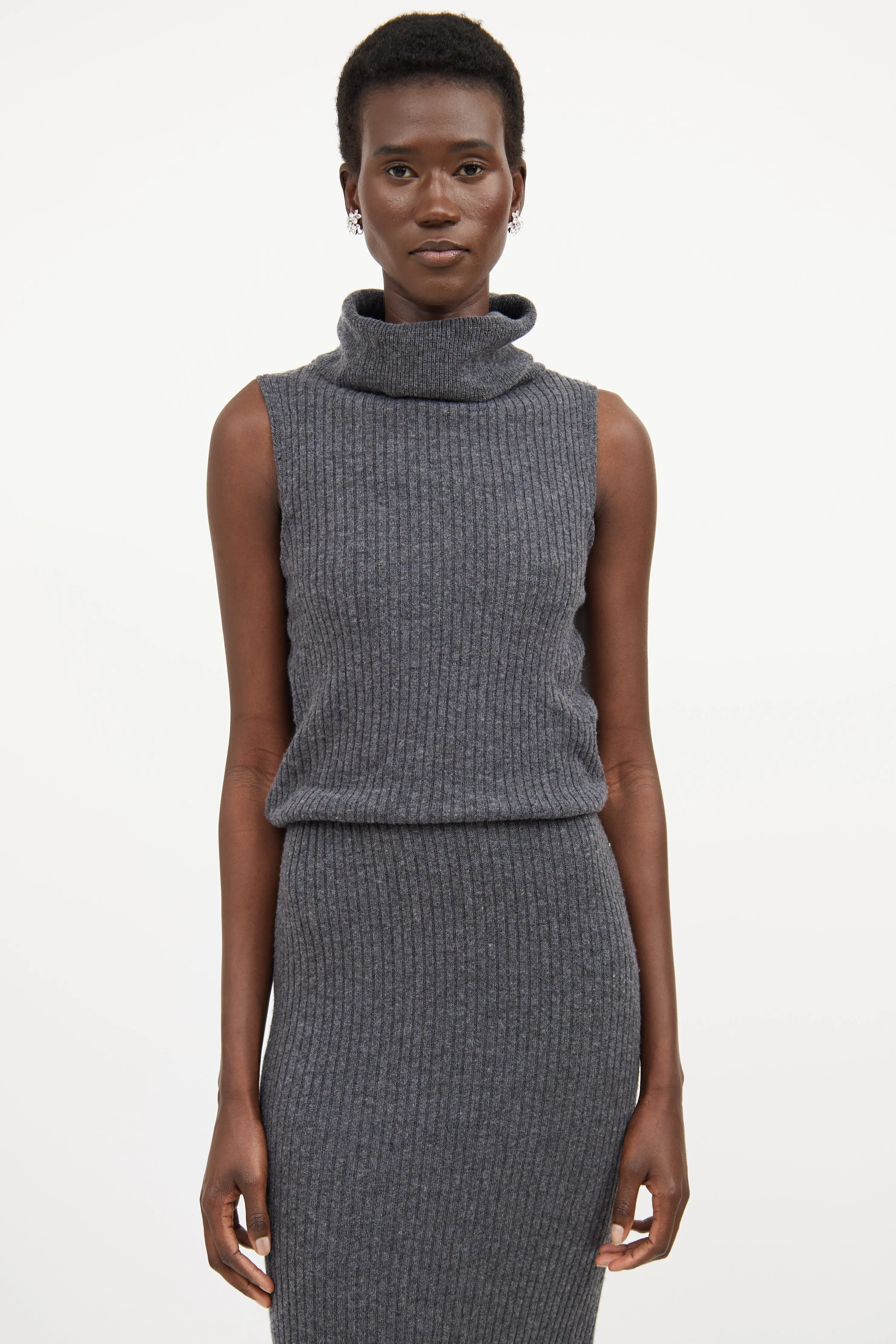 Dark Grey Wool Knit Ribbed Sweater Dress