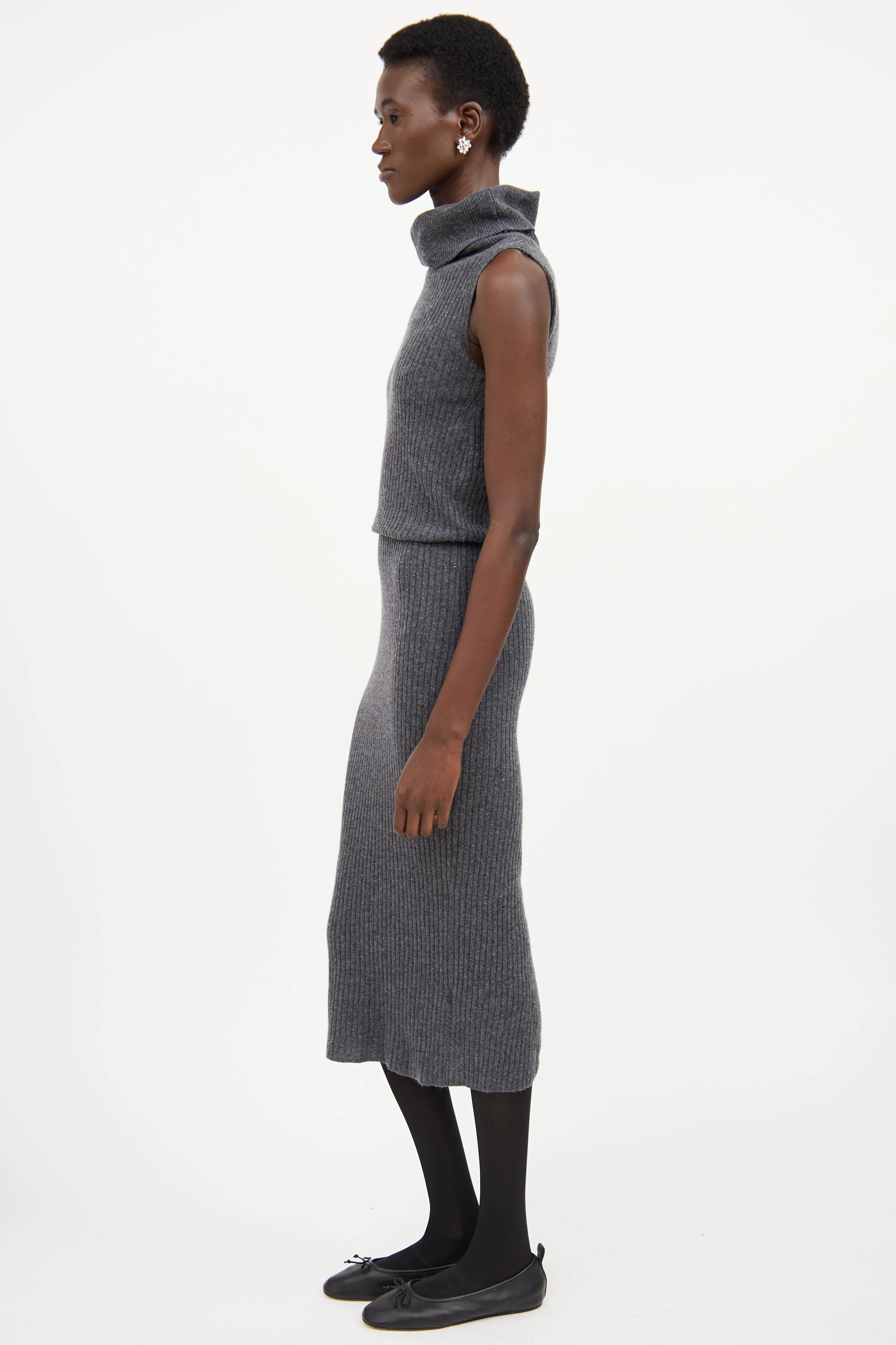 Dark Grey Wool Knit Ribbed Sweater Dress